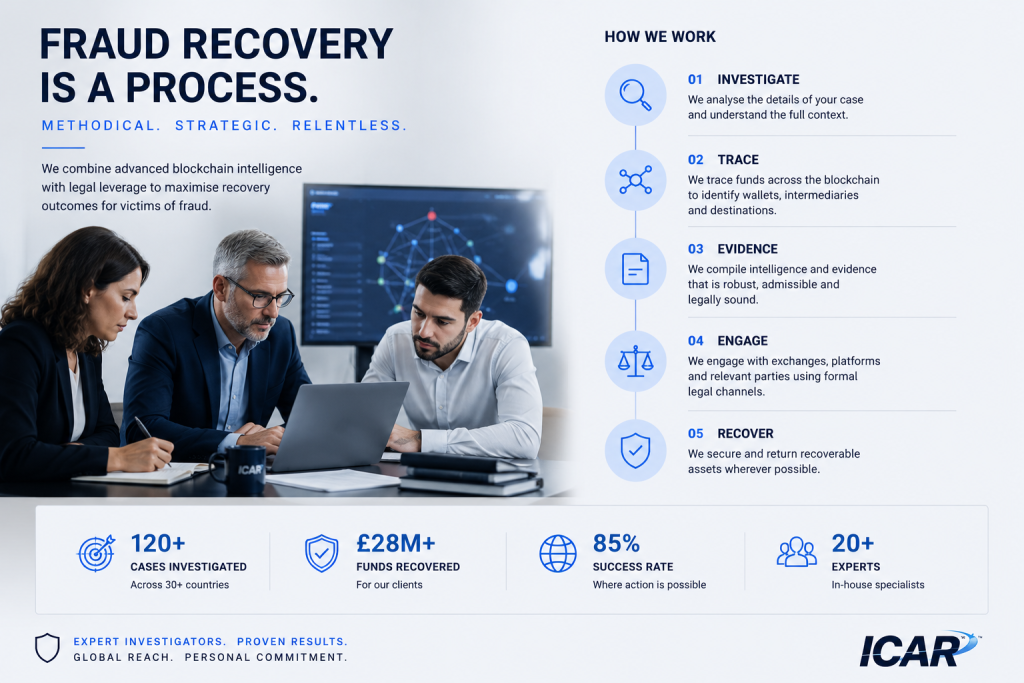 the five-phase process ICAR uses to investigate cryptocurrency fraud cases and pursue asset recovery.