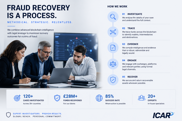 the five-phase process ICAR uses to investigate cryptocurrency fraud cases and pursue asset recovery.